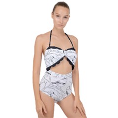 Birds Hand Drawn Outline Black And White Vintage Ink Scallop Top Cut Out Swimsuit by genx