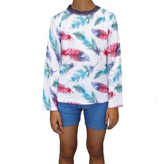 Feathers Boho Style Purple Red And Blue Watercolor Kids  Long Sleeve Swimwear by genx