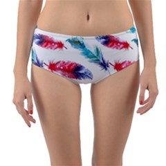 Feathers Boho Style Purple Red And Blue Watercolor Reversible Mid-waist Bikini Bottoms by genx