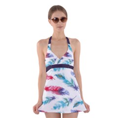 Feathers Boho Style Purple Red And Blue Watercolor Halter Dress Swimsuit  by genx