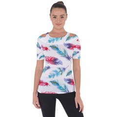 Feathers Boho Style Purple Red And Blue Watercolor Shoulder Cut Out Short Sleeve Top by genx