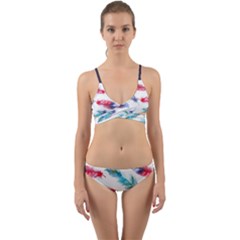 Feathers Boho Style Purple Red And Blue Watercolor Wrap Around Bikini Set by genx