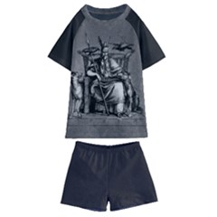 Odin On His Throne With Ravens Wolf On Black Stone Texture Kids  Swim Tee And Shorts Set by snek