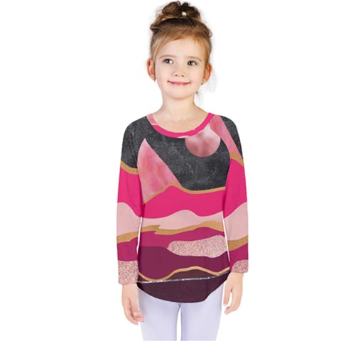 Pink And Black Abstract Mountain Landscape Kids  Long Sleeve Tee by charliecreates