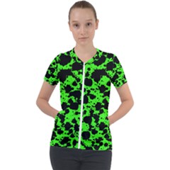 Black And Green Leopard Style Paint Splash Funny Pattern Short Sleeve Zip Up Jacket by yoursparklingshop