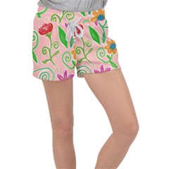 Background Colorful Floral Flowers Women s Velour Lounge Shorts by HermanTelo