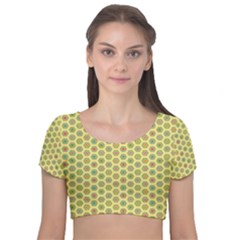 Hexagonal Pattern Unidirectional Yellow Velvet Short Sleeve Crop Top  by HermanTelo