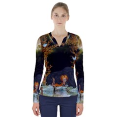 Cute Fairy With Awesome Wolf In The Night V-neck Long Sleeve Top by FantasyWorld7