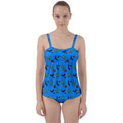 Halloween Witch Pattern Blue Twist Front Tankini Set