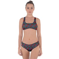 Black Denim And Roses Criss Cross Bikini Set