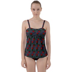 Black Denim And Roses Twist Front Tankini Set