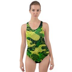 Marijuana Camouflage Cannabis Drug Cut-out Back One Piece Swimsuit by HermanTelo