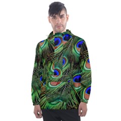 Peacock Feathers Plumage Iridescent Men s Front Pocket Pullover Windbreaker by HermanTelo