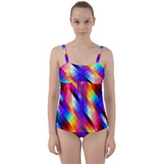 Abstract Blue Background Colorful Pattern Twist Front Tankini Set