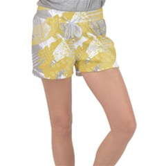 Ochre Yellow And Grey Abstract Women s Velour Lounge Shorts by charliecreates