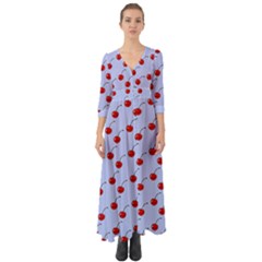 Kawaii Cherries Blue Pattern Button Up Boho Maxi Dress