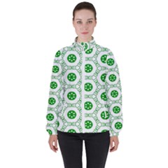 White Background Green Shapes Women s High Neck Windbreaker