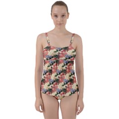 Flower Floral Decoration Pattern Twist Front Tankini Set by Pakrebo