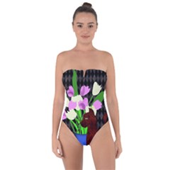 The Cat And The Tulips Tie Back One Piece Swimsuit by bloomingvinedesign