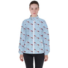 Flamingo Pattern Blue Women s High Neck Windbreaker