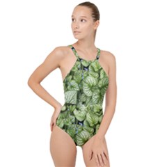 Green And White Leaf Plant High Neck One Piece Swimsuit by Pakrebo