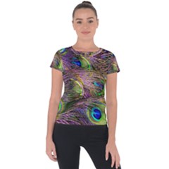 Green Purple And Blue Peacock Feather Digital Wallpaper Short Sleeve Sports Top 