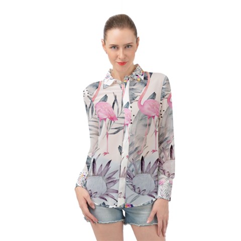 Tropical Flamingos Long Sleeve Chiffon Shirt by Sobalvarro