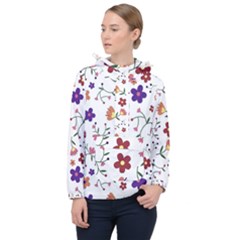 Flowers On A White Background              Women Hooded Front Pocket Windbreaker by LalyLauraFLM