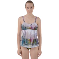 Drawing Watercolor Painting City Twist Front Tankini Set by Bejoart