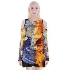 Earth World Globe Universe Space Velvet Long Sleeve Shoulder Cutout Dress by Simbadda