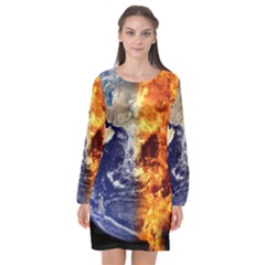 Earth World Globe Universe Space Long Sleeve Chiffon Shift Dress  by Simbadda