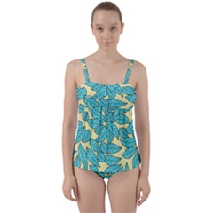 Leaves Dried Leaves Stamping Blue Yellow Twist Front Tankini Set