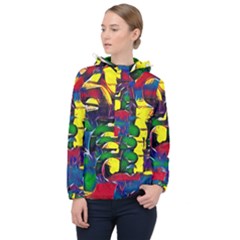 Colorful Shapes Abstract Painting                      Women Hooded Front Pocket Windbreaker