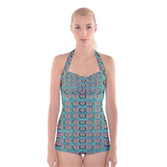 Lotus Bloom In The Sacred Soft Warm Sea Boyleg Halter Swimsuit  by pepitasart