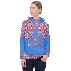 Shapes On A Blue Background                      Women Hooded Front Pocket Windbreaker by LalyLauraFLM