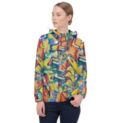Colorful Painted Shapes                      Women Hooded Front Pocket Windbreaker