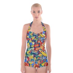 Colorful Painted Shapes                             Boyleg Halter Swimsuit by LalyLauraFLM