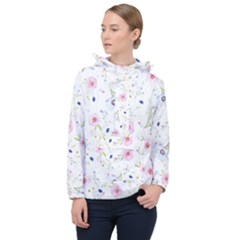 Pink Blue Flowers Pattern                        Women Hooded Front Pocket Windbreaker