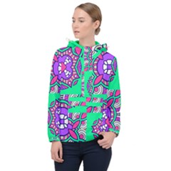 Purple Shapes On A Green Background                         Women Hooded Front Pocket Windbreaker by LalyLauraFLM