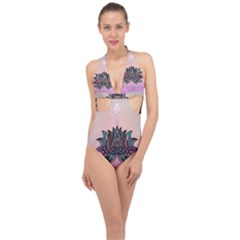 Abstract Decorative Floral Design, Mandala Halter Front Plunge Swimsuit by FantasyWorld7