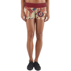 Pop Art Paisley Flowers Ornaments Multicolored 4 Background Solid Dark Red Yoga Shorts by EDDArt