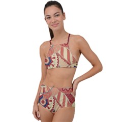 Pop Art Paisley Flowers Ornaments Multicolored 4 Background Solid Dark Red High Waist Tankini Set by EDDArt