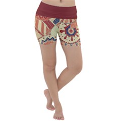 Pop Art Paisley Flowers Ornaments Multicolored 4 Background Solid Dark Red Lightweight Velour Yoga Shorts by EDDArt