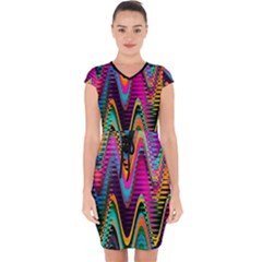 Multicolored Wave Distortion Zigzag Chevrons 2 Background Color Solid Black Capsleeve Drawstring Dress  by EDDArt