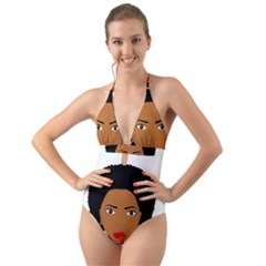 African American Woman With ?urly Hair Halter Cut-out One Piece Swimsuit by bumblebamboo