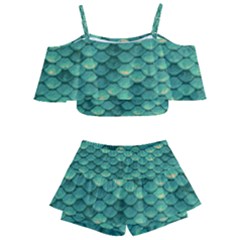 Sea Green Mermaid Scales Kids  Off Shoulder Skirt Bikini by VeataAtticus