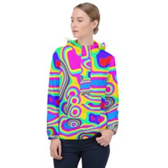 Colorful Shapes                               Women Hooded Front Pocket Windbreaker by LalyLauraFLM