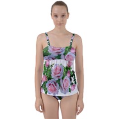 Roses Pink Flowers Leaves Twist Front Tankini Set by Pakrebo