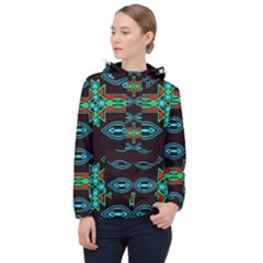 Ovals And Tribal Shapes                               Women Hooded Front Pocket Windbreaker