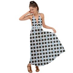 Black Flower On Blue White Pattern Backless Maxi Beach Dress by BrightVibesDesign